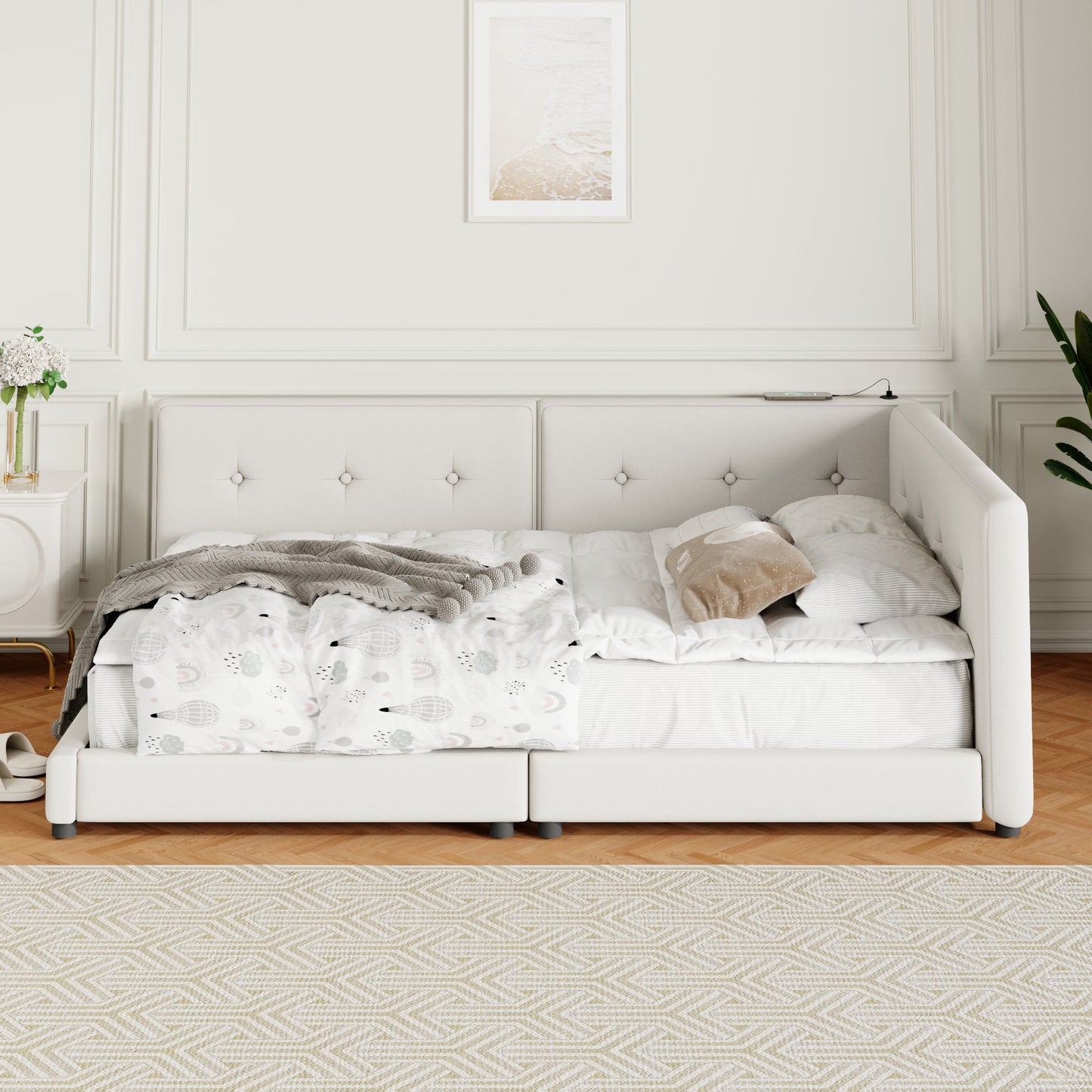 Modern Upholstered Platform Bed With USB Ports And LED Belt