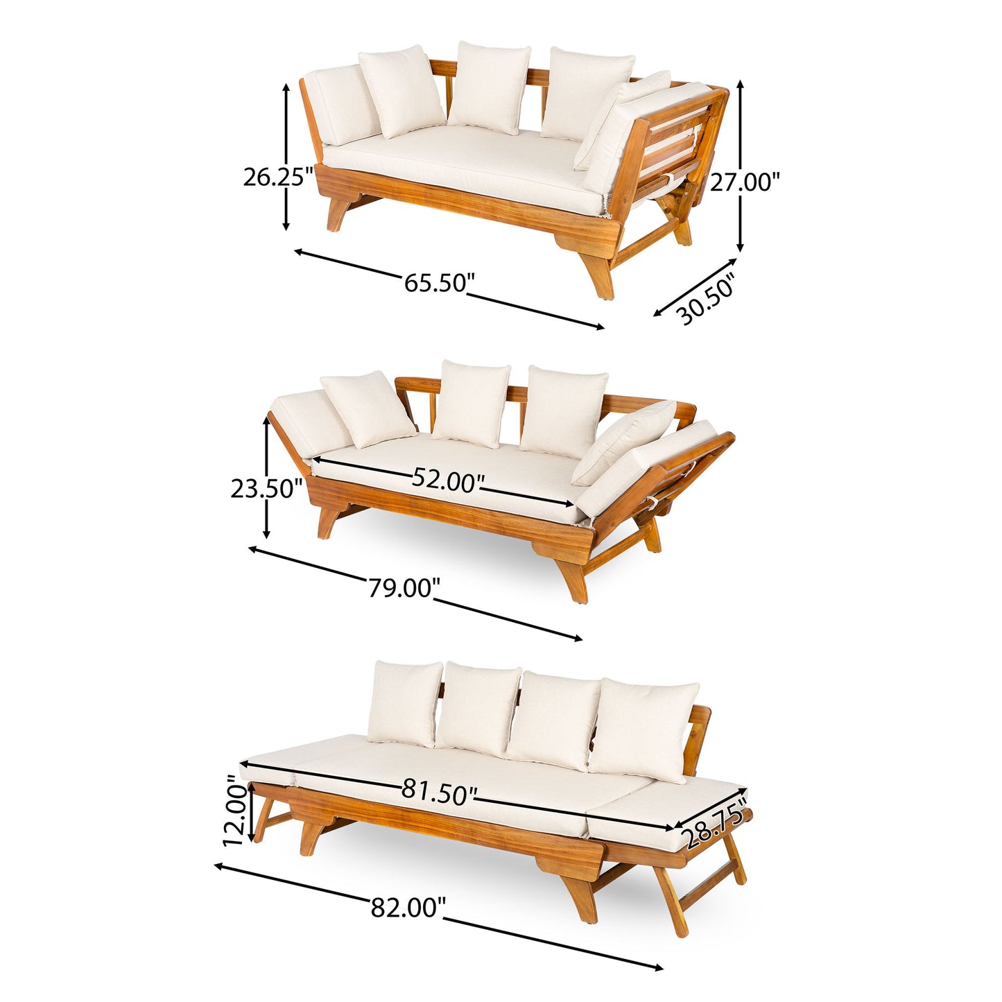 Outdoor Patio Daybed Sofa, 3 Seat Sofa With Foldable Arm 4 Back Pillows