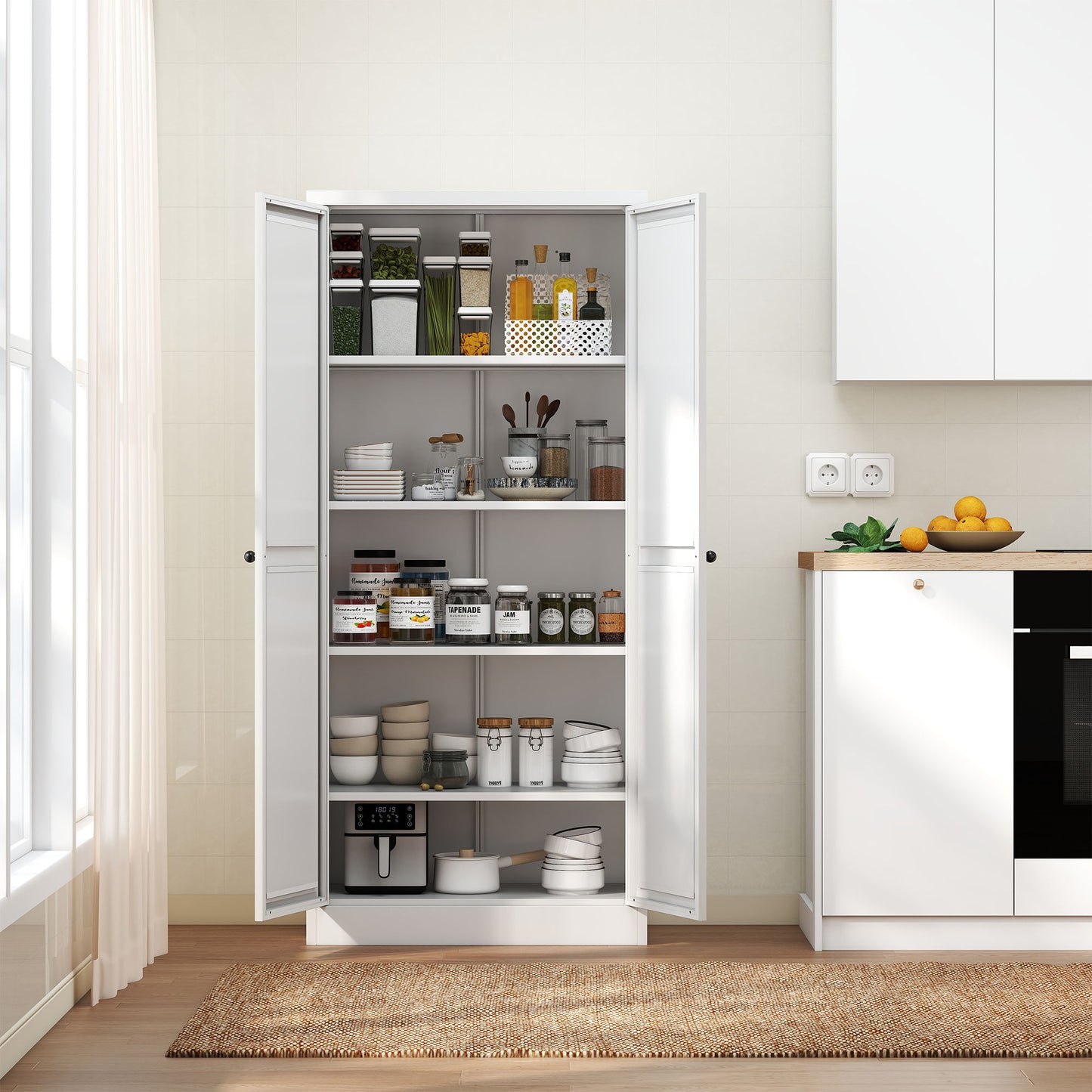 Kitchen Pantry Cabinet Adjustable Storage With 4 Shelves, Heavy Duty Freestanding Pantry Organizer - White