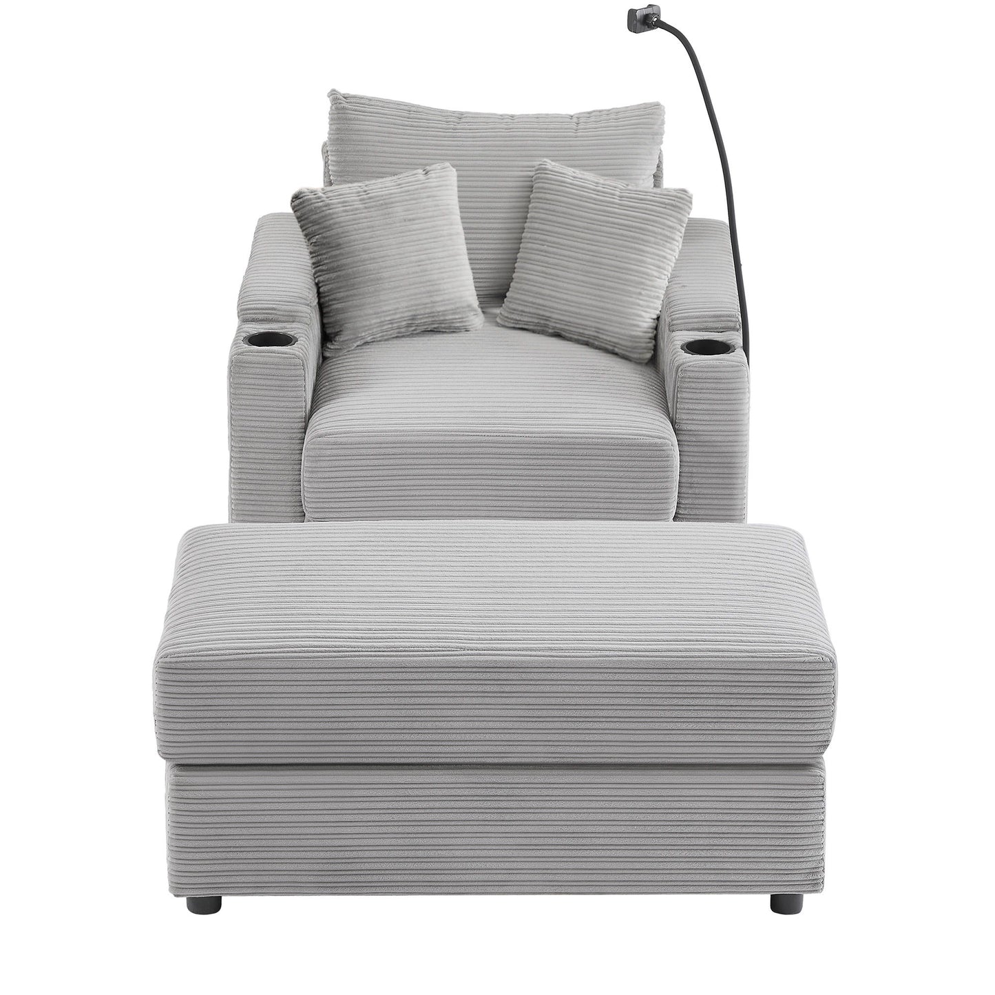 Single Sofa Couch With Storage Space, Movable Ottoman, USB Ports, Cup Holders, Phone Holder