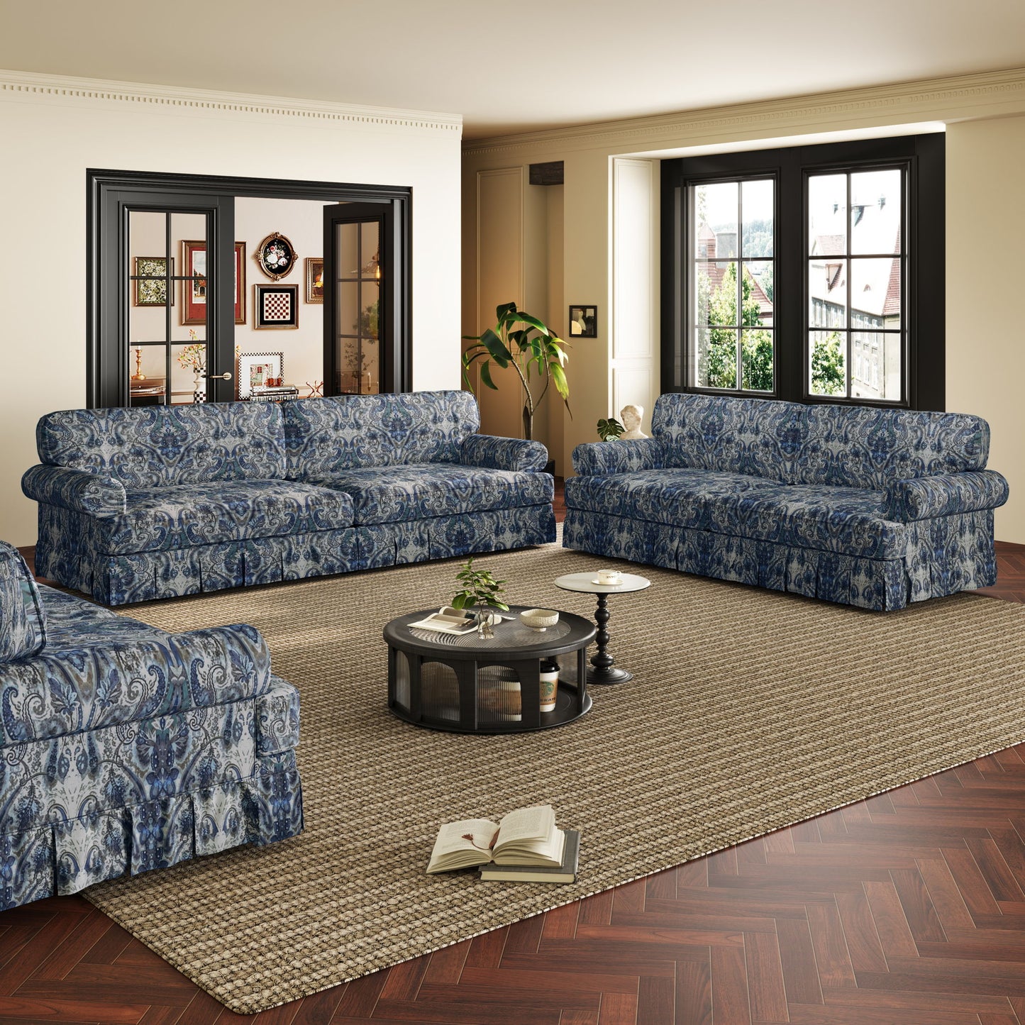 Luxuriously Comfortable Cloud Couch With Elegant Rolled Arms & Pleated Skirt Design