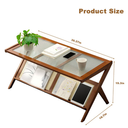 Rattan Coffee Tables For Living Room, Mid Century Modern Coffee Table With Glass Top, Large Boho Center Table With Storage - Brown