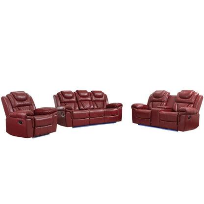 3 Pieces Recliner Sofa Sets Home Theater Seating Manual Recliner Chair With Center Console And LED Light Strip For Living Room