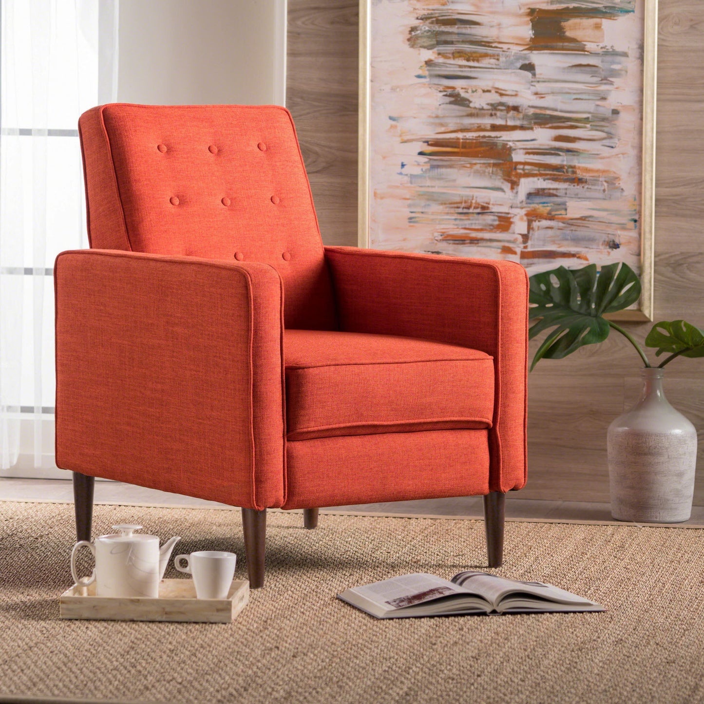 Mid-Century Modern Recliner With Button Tufted Waffle Stitch