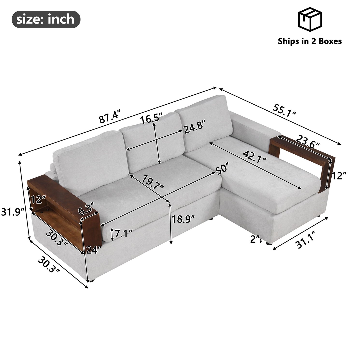 Sectional Sofa Upholstered Sofa Couch With Reversible Armrests For Living Room