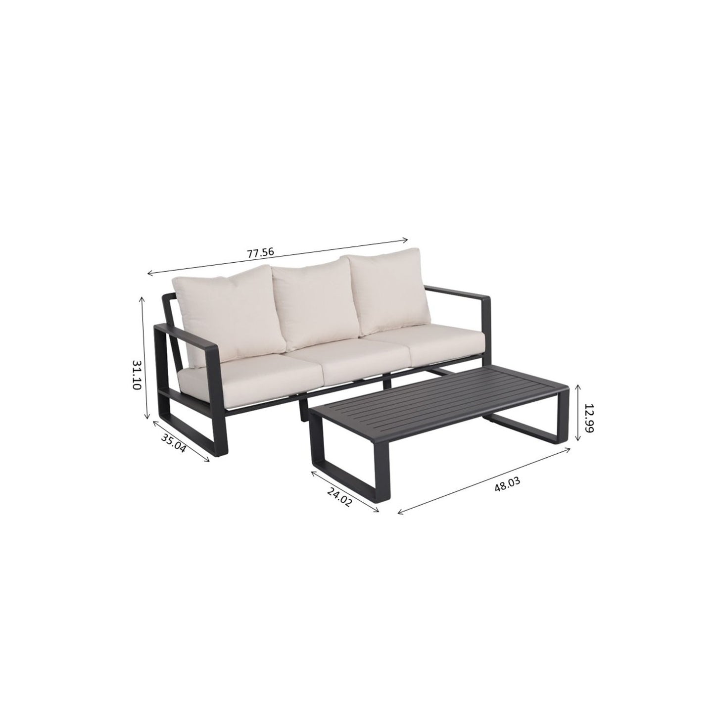 3 Person Sofa With Rectangular Coffee Table, Cushions Tino Tino - Beige