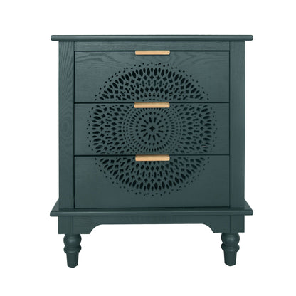 Hollow Carved 3 Drawer Dresser With Metal Handles, Storage Chest For Living Room Or Bedroom - Blackish Green