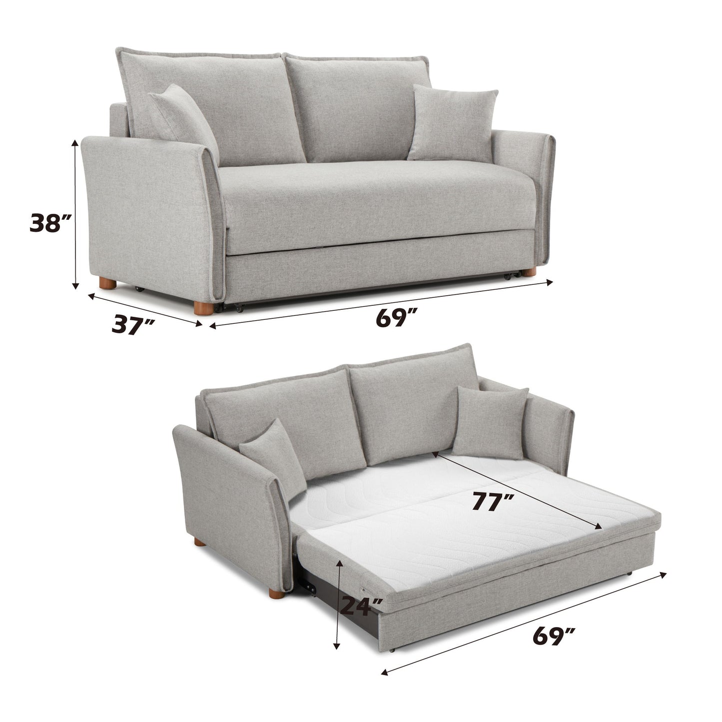 Oren - Chenille Sleeper Sectional Sofa With Storage 2 Toss Pillows - Gray