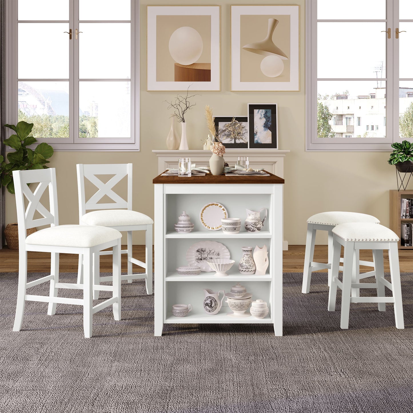 5 Pieces Counter Height Rustic Farmhouse Dining Room Wooden Bar Table Set With 2 Stools And 2 Chairs