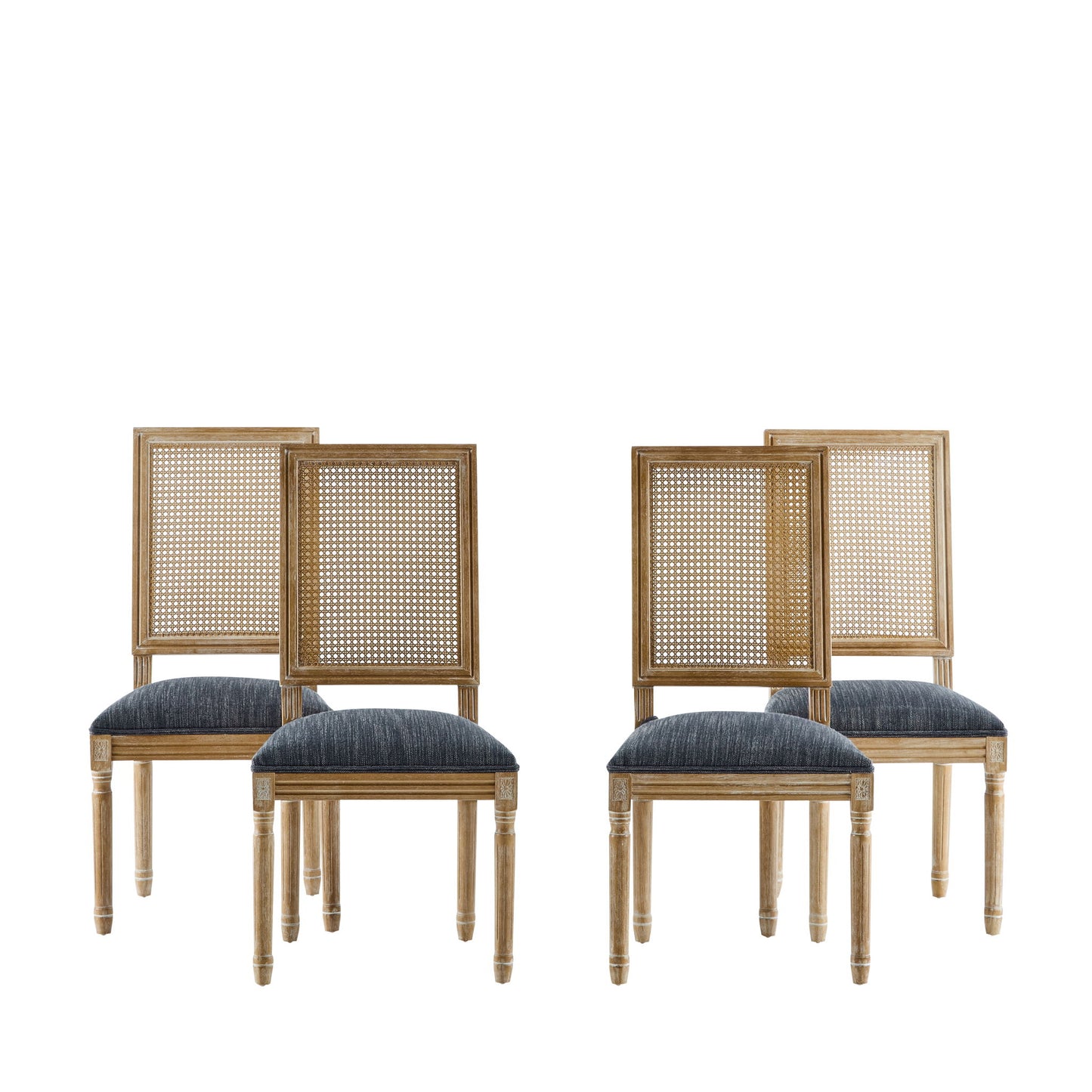 French Country Dining Chair With Rectangular Cane Backrest And Smooth Upholstered Seating