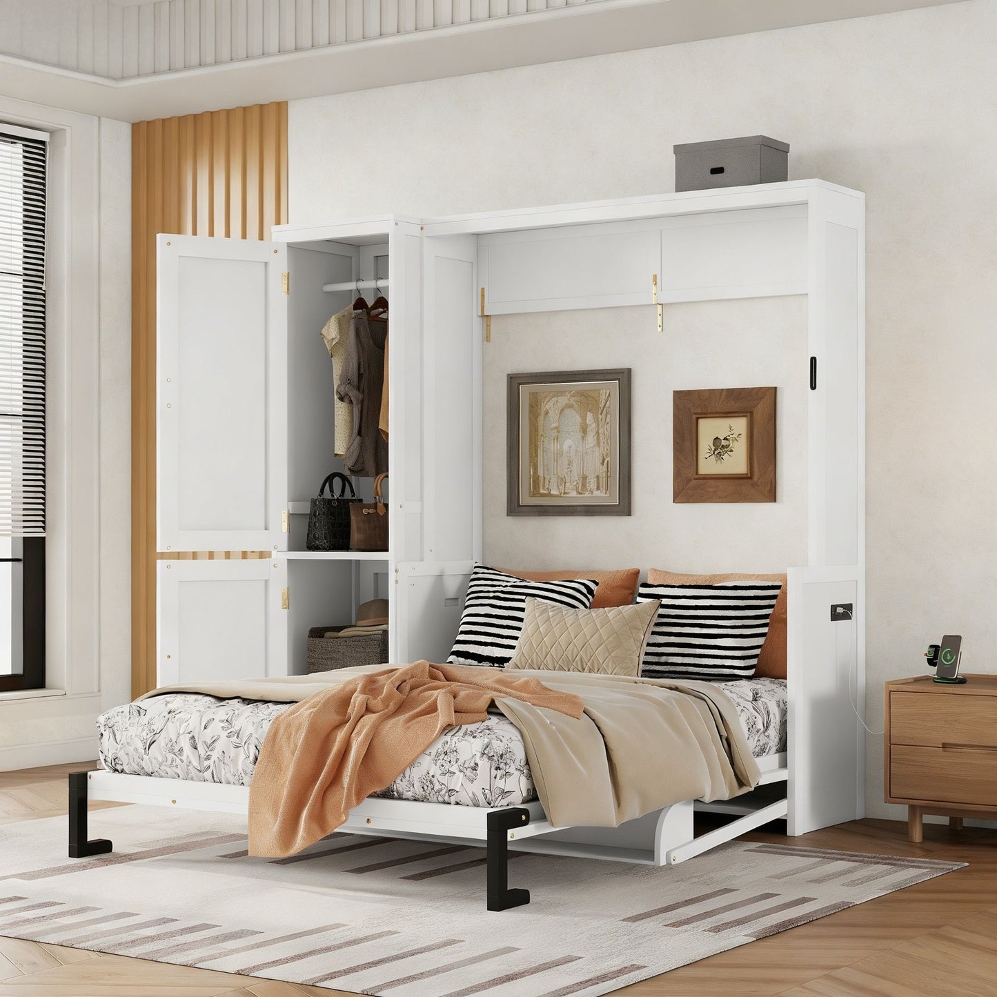 Queen Size Murphy Bed With Wardrobe, Space-Saving Hidden Wall Bed With Desk And Charging Station - White