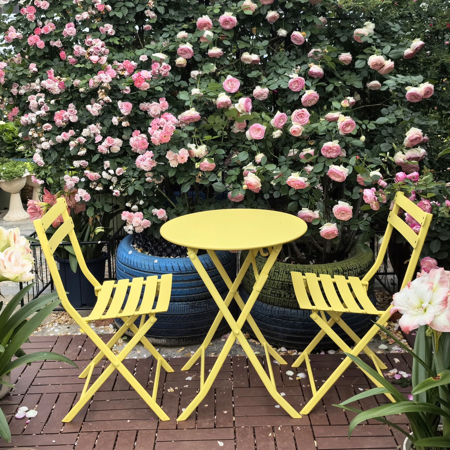 3 Piece Patio Bistro Set Of Foldable Round Table And Chairs