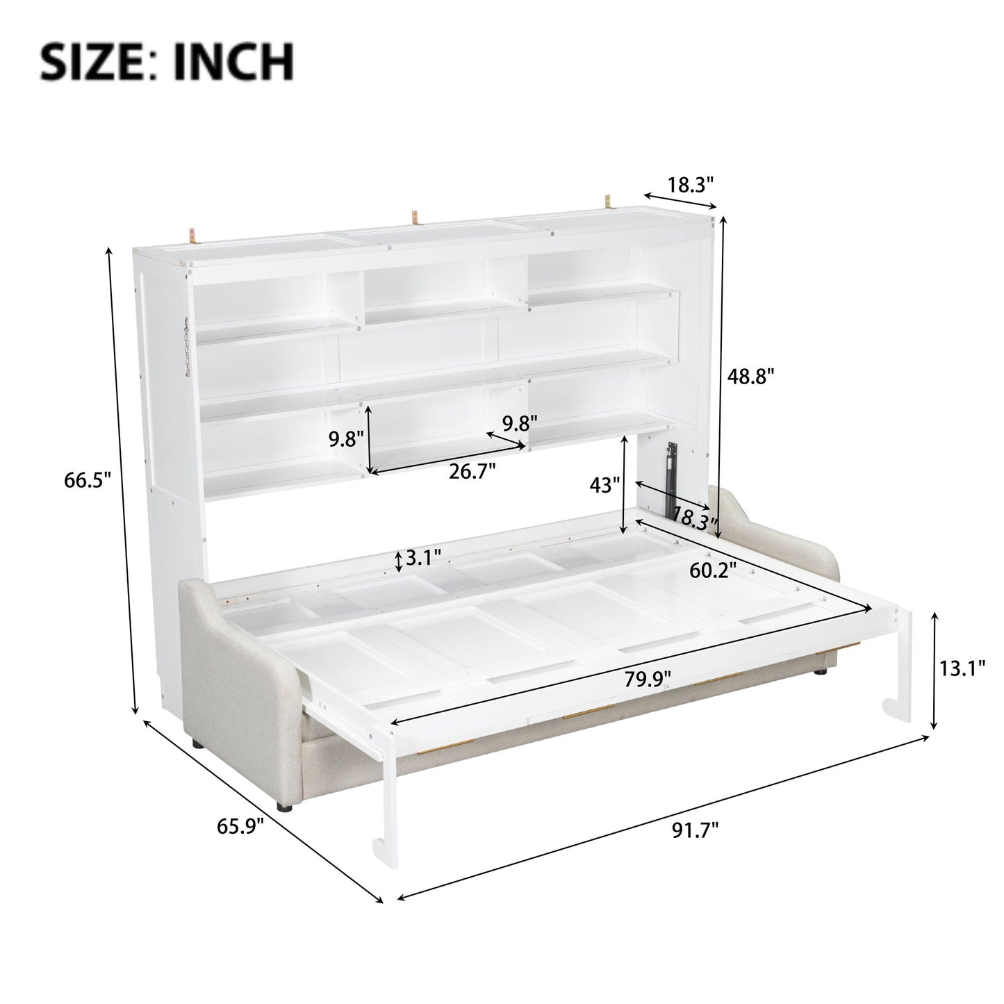 Murphy Cabinet Bed With Folding Sofa, Built In Storage Shelves And LED Light