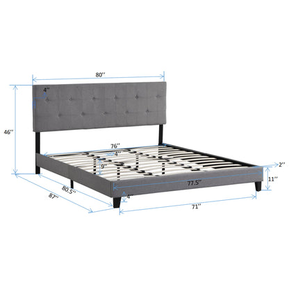 Modern Upholstered Platform Bed Frame With Button Tufted Headboard And Wood Slat Support
