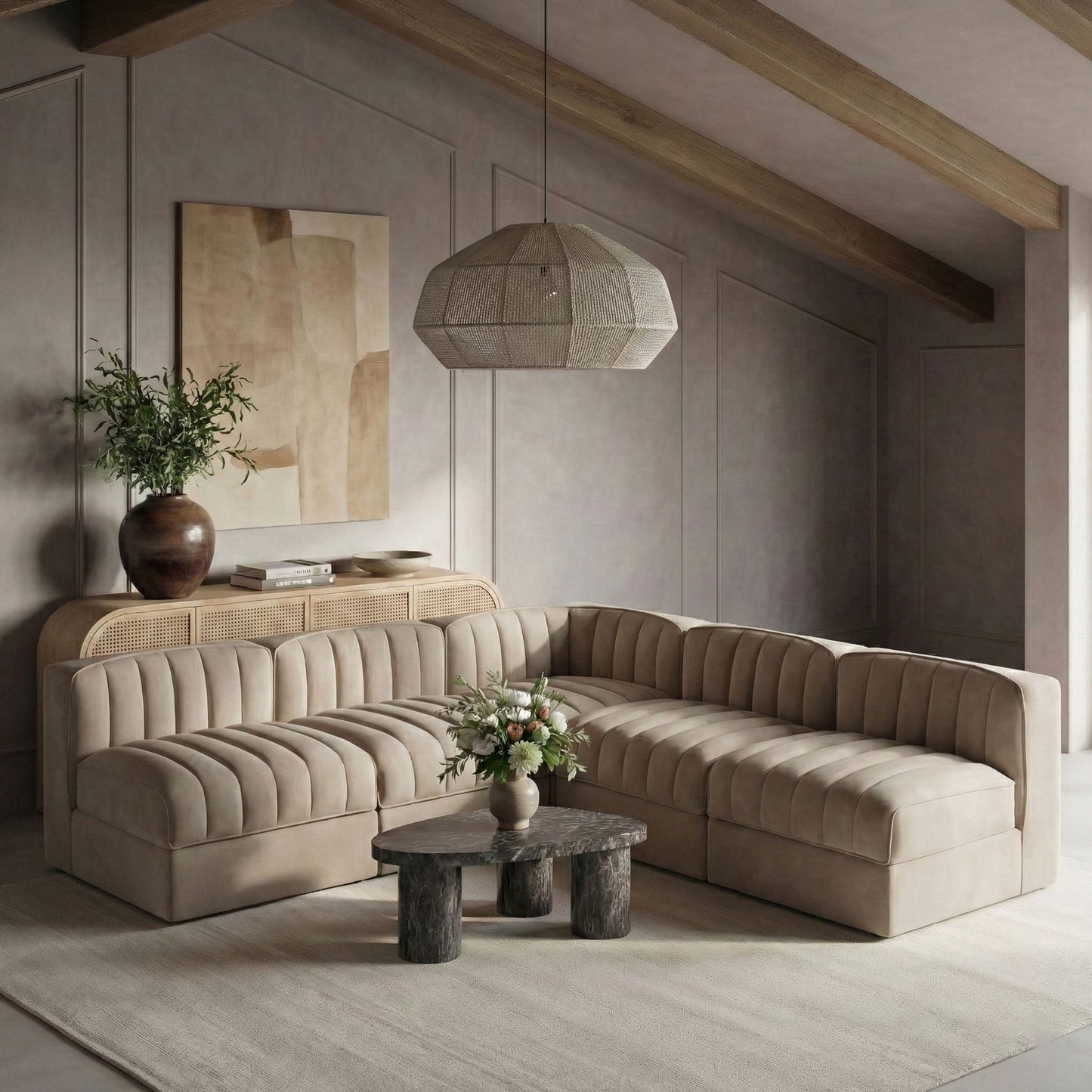 Rummi - Armless Velvet Performance Fabric Upholstered 5 Piece Modular Sectional