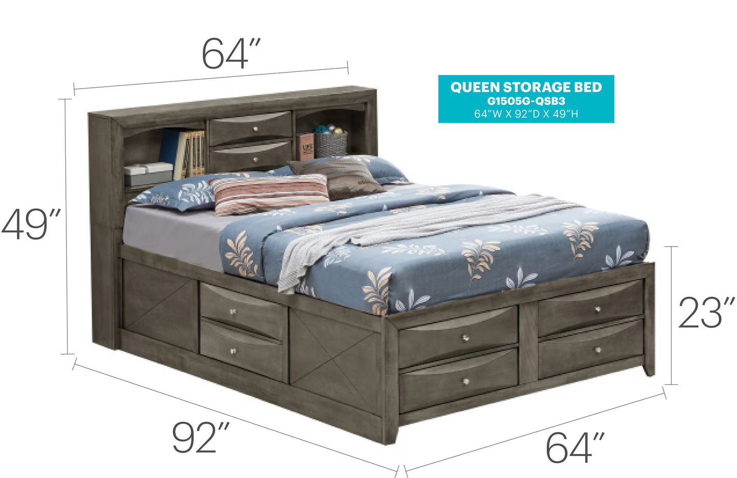 Modern Design Storage Bed With Bookcase Headboard