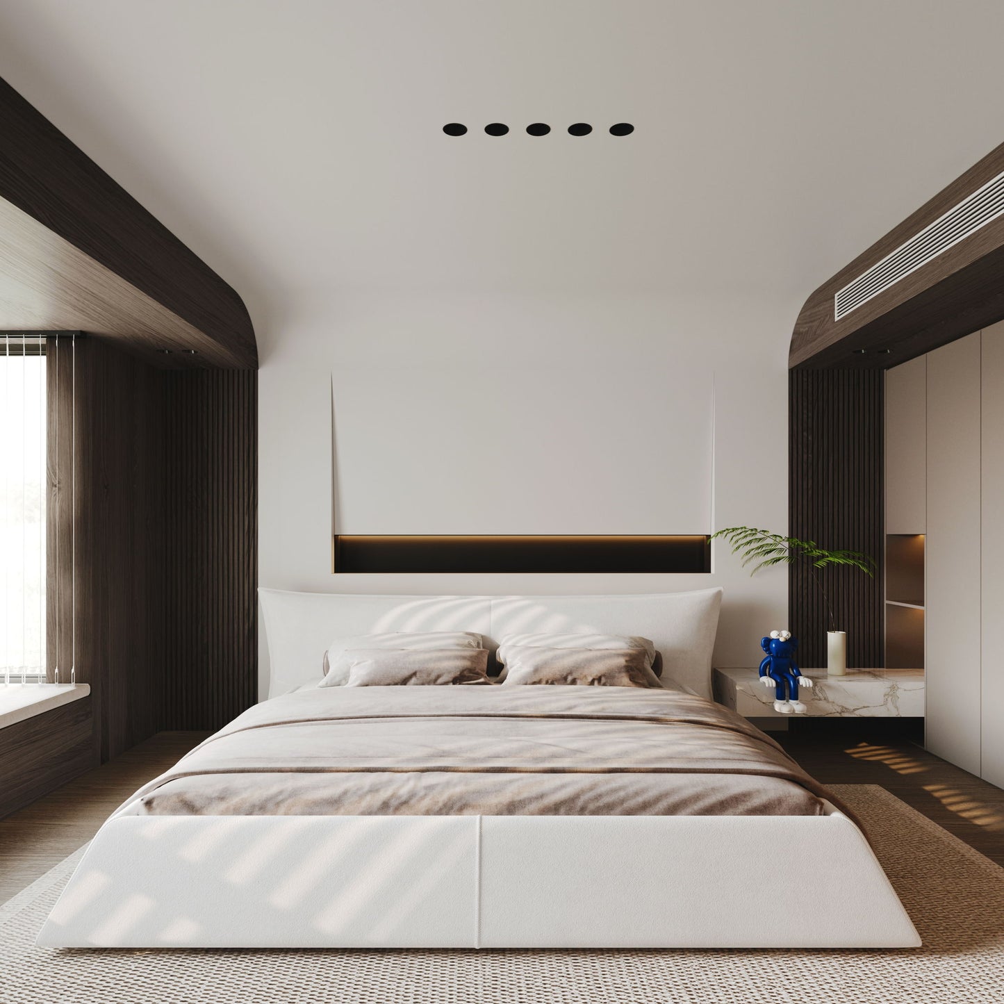 Upholstered Platform Bed With Special Shaped Headboard
