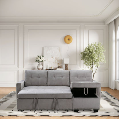 Reversible Sectional Storage Sleeper Sofa Bed, L-Shape 2 Seat Sectional Chaise With Storage, Skin-Feeling Fabric