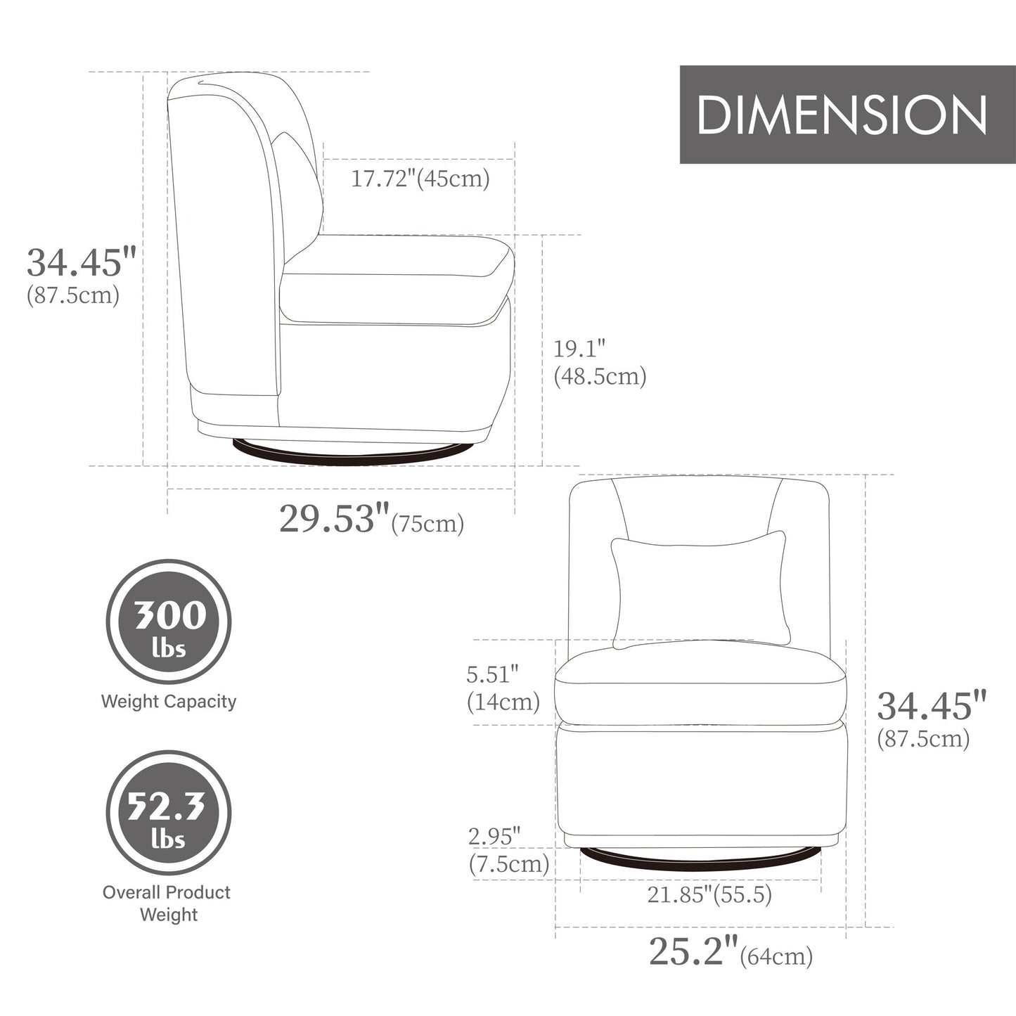 Wide Modern Cushioned Armless Metal Base 360° Swivel Chair With Pillow