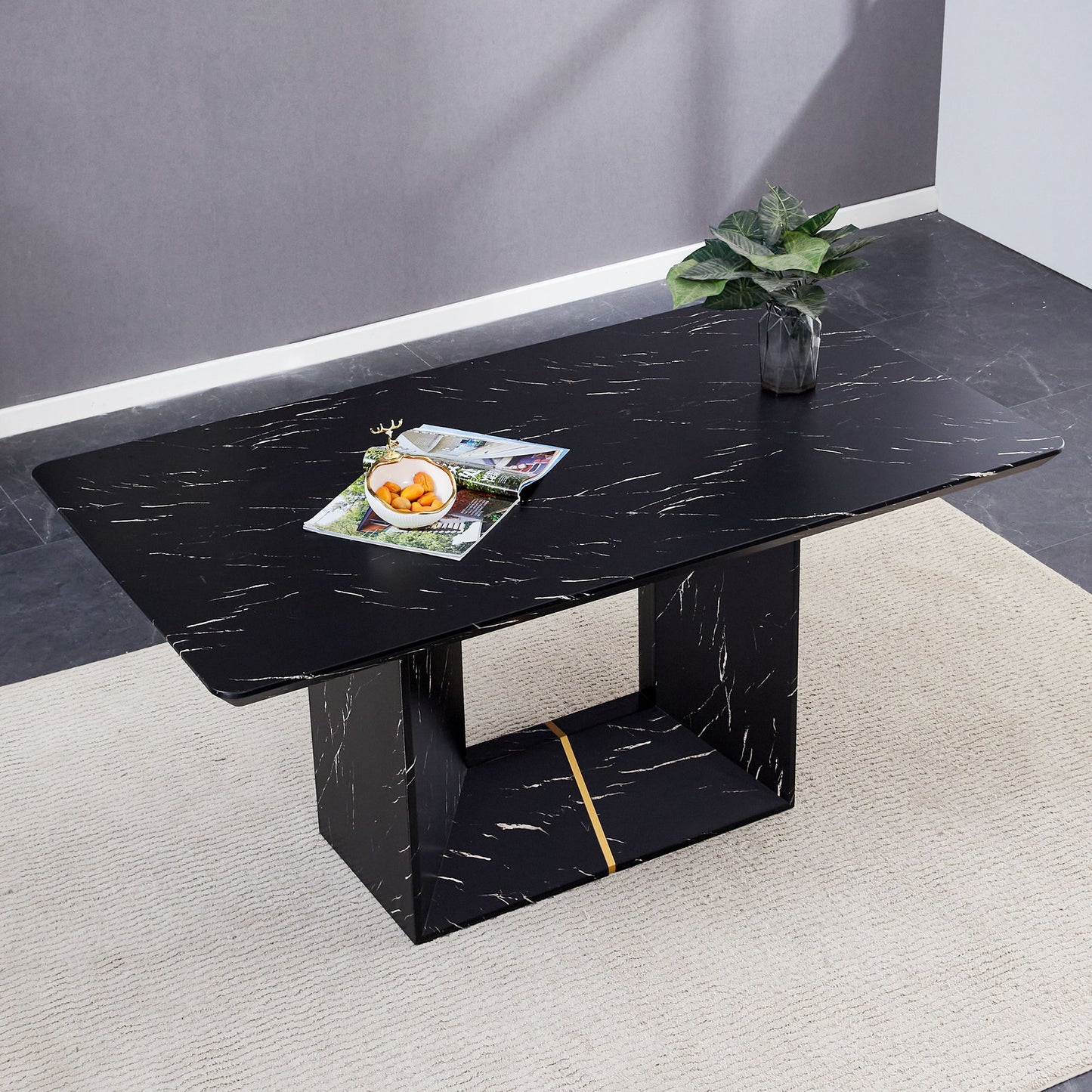 Modern Dining Table With Marbled Design For Luxurious Elegance - Black