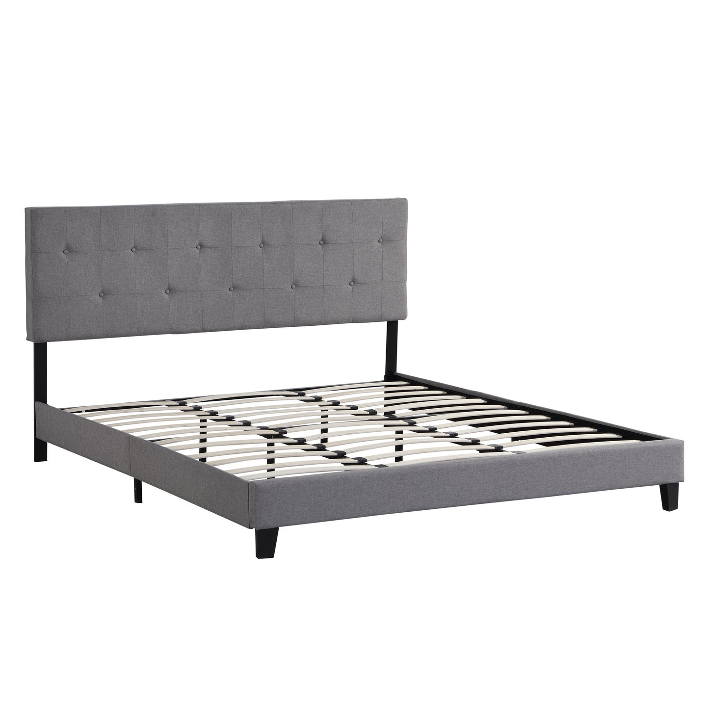 Modern Upholstered Platform Bed Frame With Button Tufted Headboard And Wood Slat Support