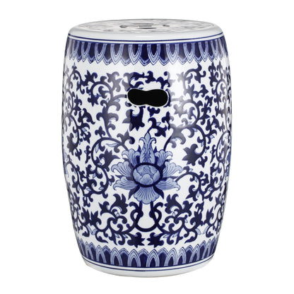 Ceramic Garden Stool, Small Side Tabel - White / Blue