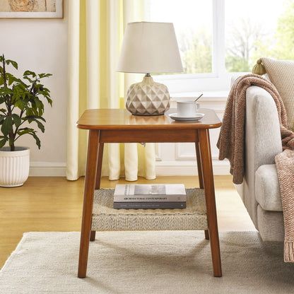 Mid - Century Square Side Table With Woven Shelf - Walnut