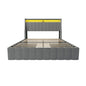Queen Size Bed Frame With LED Lighting, Winged Headboard With Storage Drawers - Light Gray
