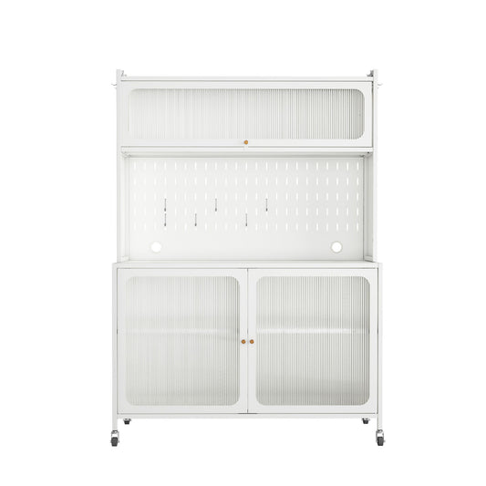 Contemporary Kitchen Pantry Cabinet With Glass Doors, Adjustable Shelves, Steel - Brushed Nickel