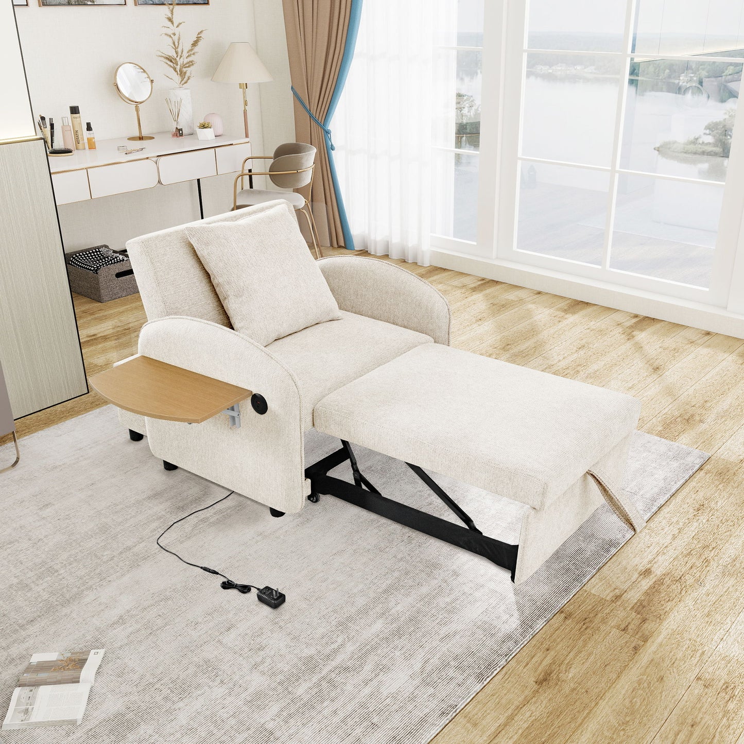 Convertible Single Chair Bed With Computer Board And USB Ports, 3 In 1 Sofa Bed - Beige