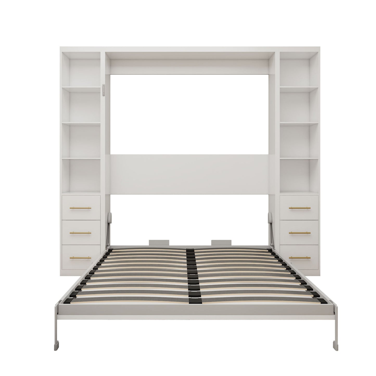 Queen Size Murphy Wall Bed With Side Storage Cabinets - White