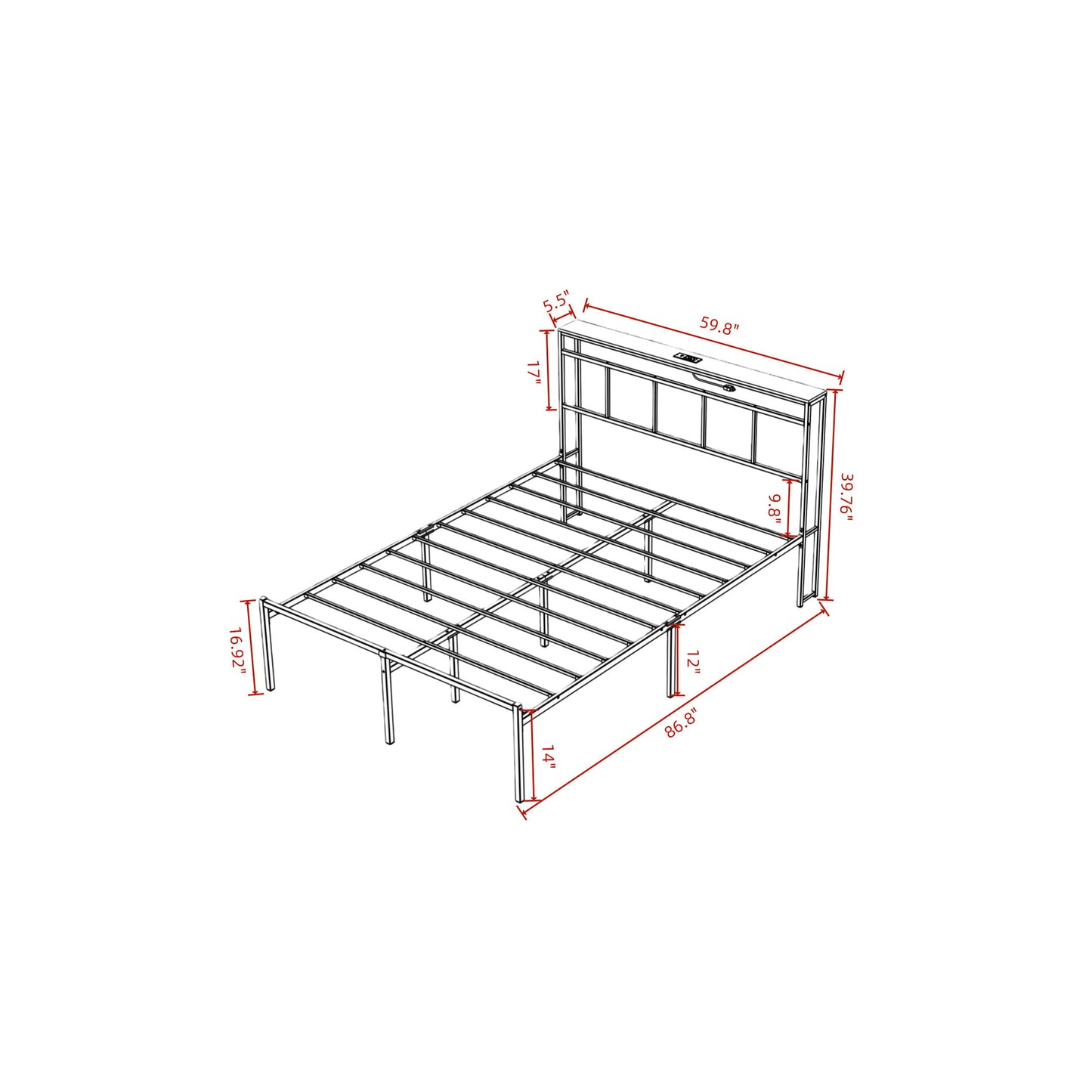 Bed Frame With Storage Headboard With USB C, Type C And LED Light