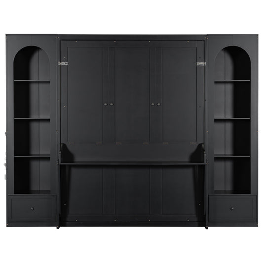 French Style Murphy Platform Bed With Shelf, Side Cabinets, Drawers And LED