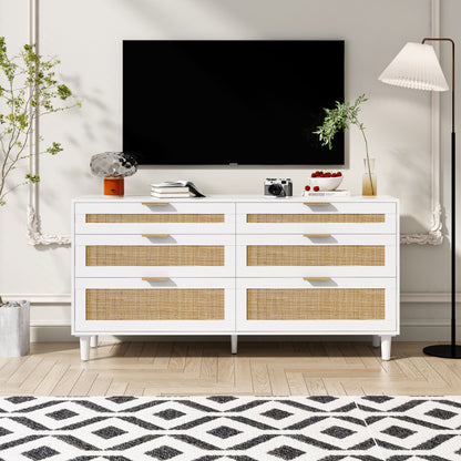 Rattan Dresser With 6 Drawers, Wooden Legs & Metal Handle