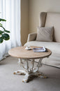 Round Wooden Coffee Table With Distressed Scrollwork Legs - Multicolor