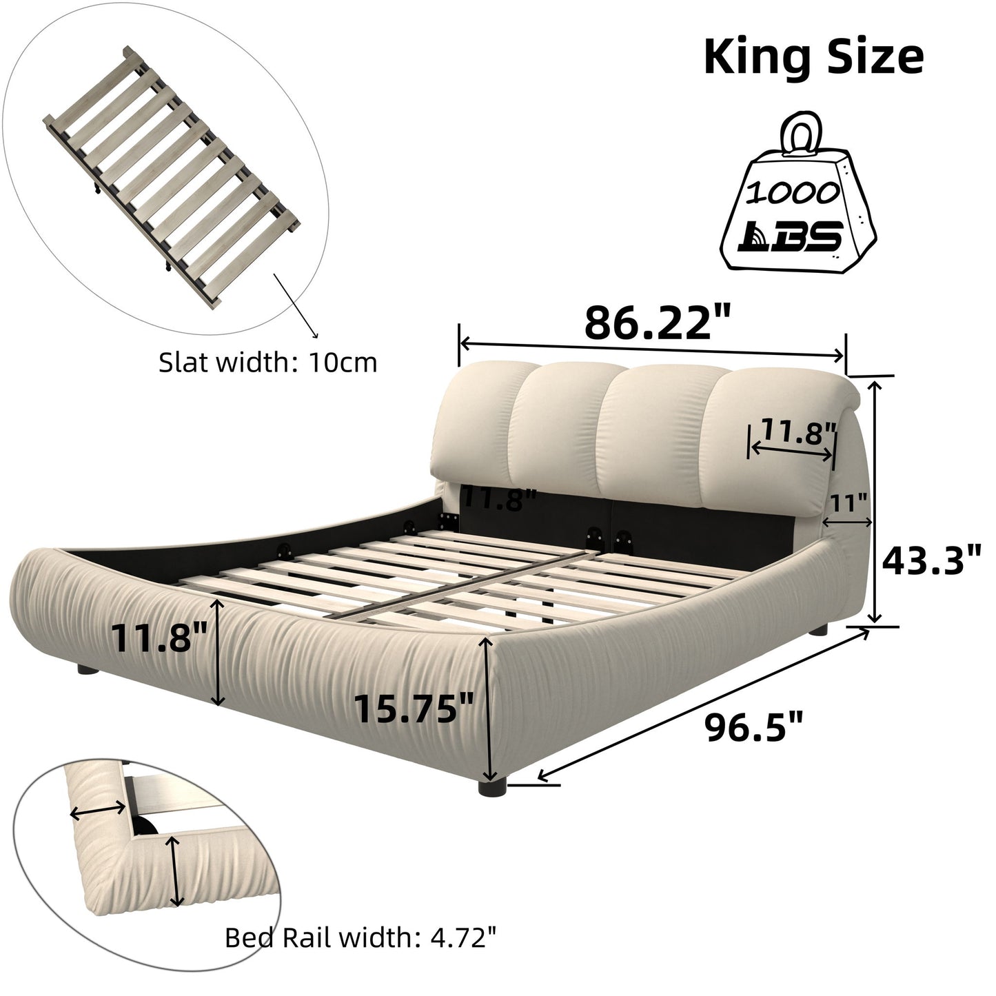 Luxury Upholstered Platform Bed With Oversized Padded Backrest And Solid Wood Frame