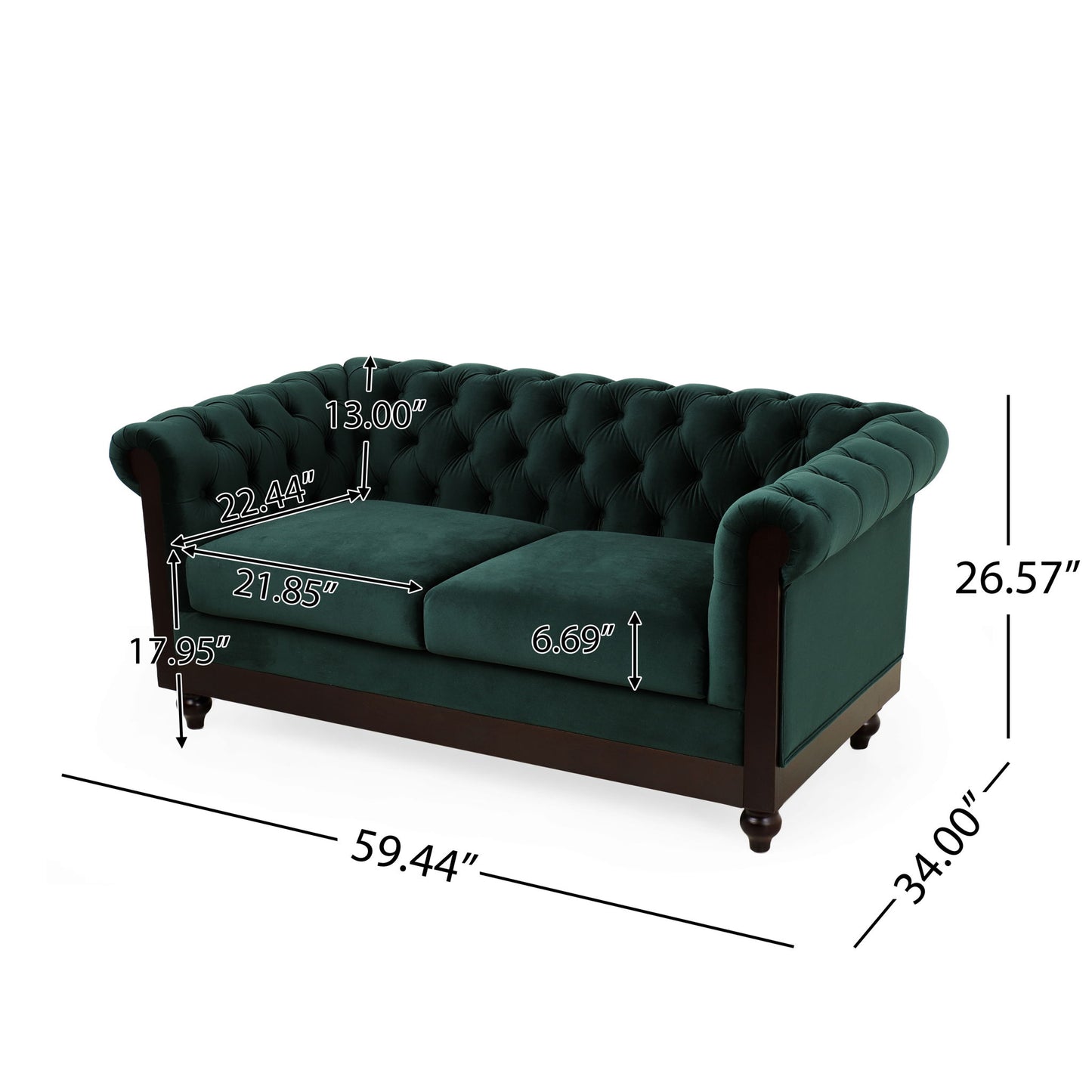 Chesterfield Loveseat Sofa, 2 Person Rolled Arm Upholstered Couch