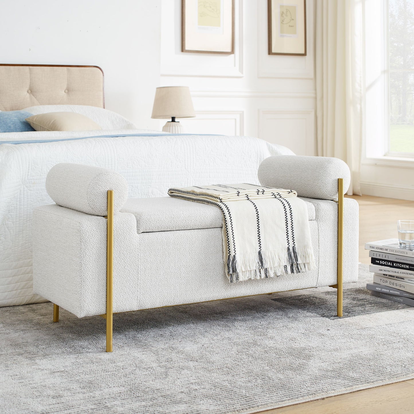 Elegant Upholstered Storage Bench With Cylindrical Arms And Iron Legs,