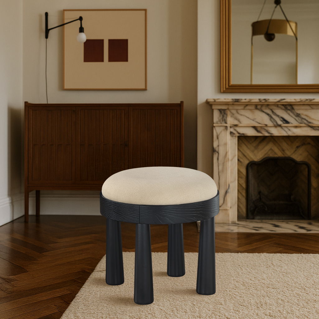 Larea - Linen Textured Fabric Ottoman - Black Base