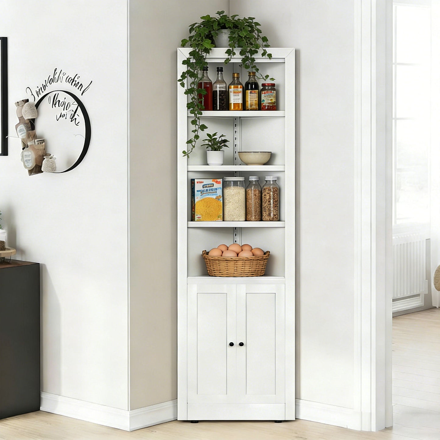 Tall Corner Storage Cabinet With 2 Doors, 5-Tier With Adjustable Shelve, Freestanding - White