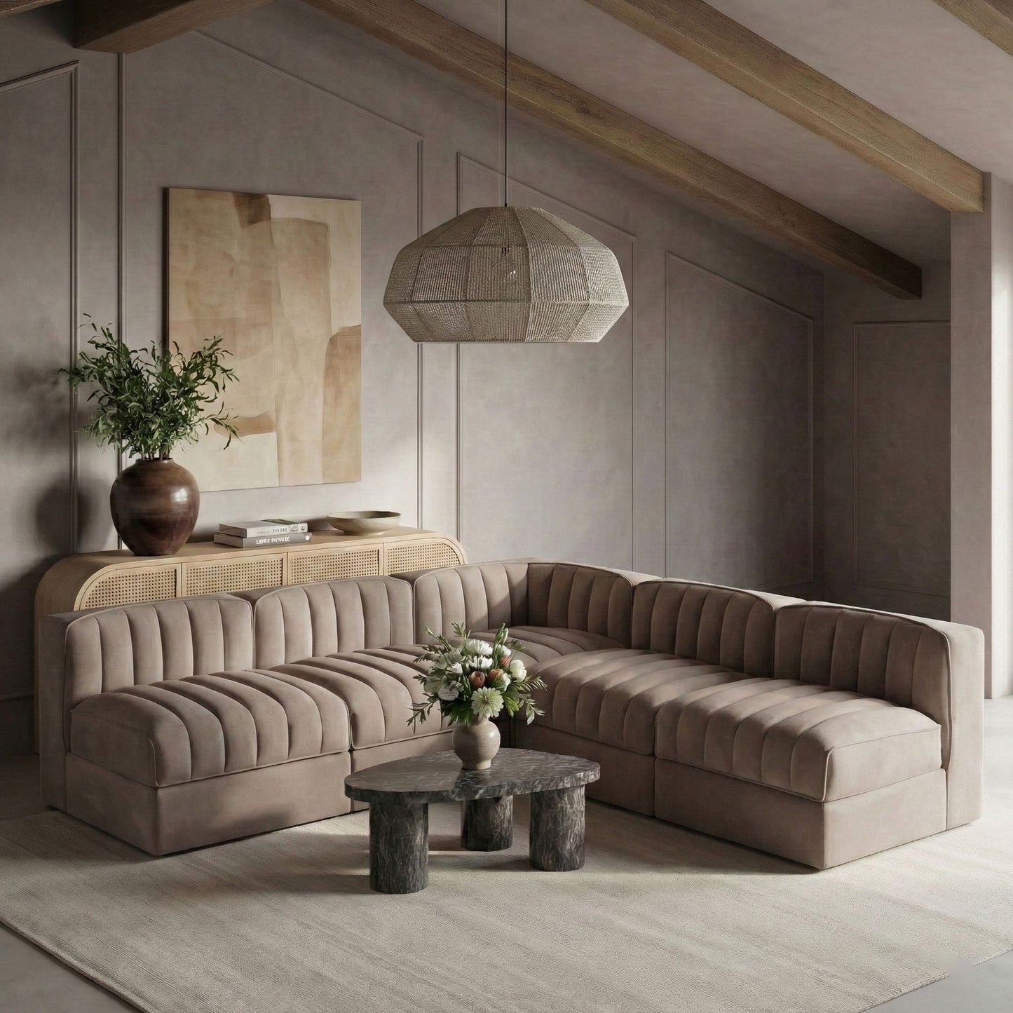Rummi - Armless Velvet Performance Fabric Upholstered 5 Piece Modular Sectional