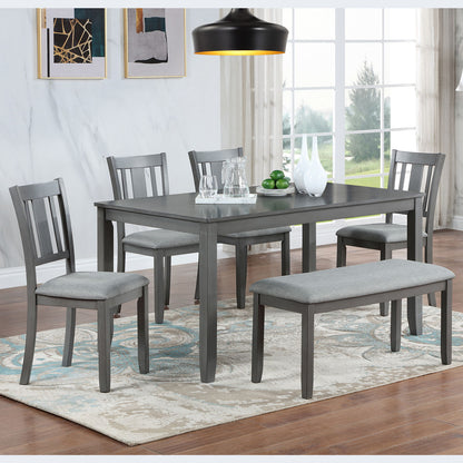 6 Pieces Kitchen Dining Set, Rectangular Wooden Dining Table With 4 Upholstered Chairs And A Bench