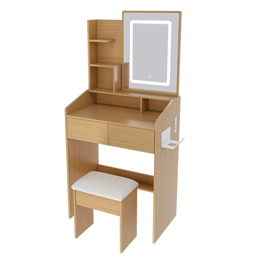 Vanity Table With LED Mirror, Power Outlet, Hairdryer Holder & Padded Stool, Compact Dressing Desk For Small Bedrooms - Wood