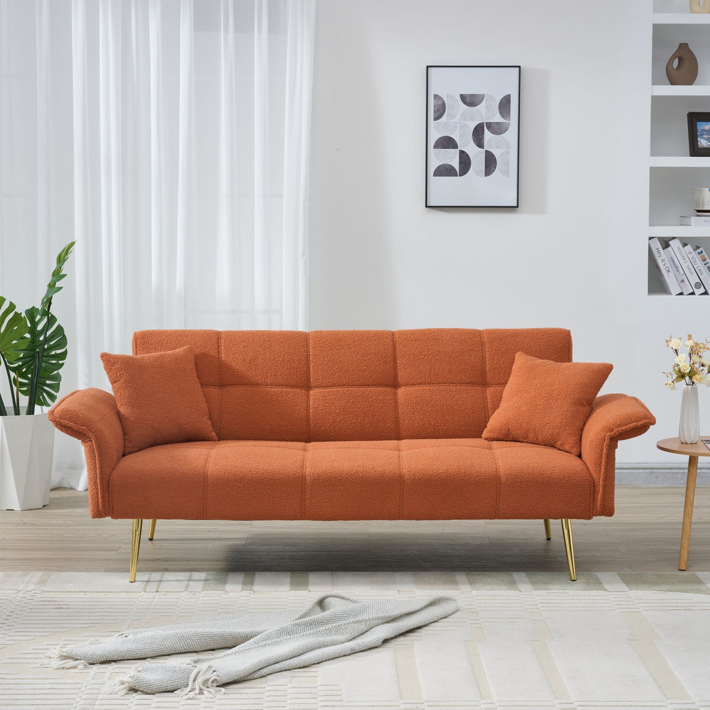 Convertible Double Futon Sofa Bed With Folding Armrests For Living Rooms
