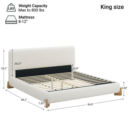 Elegant Boucle Upholstered Bed With Solid Wood Feet