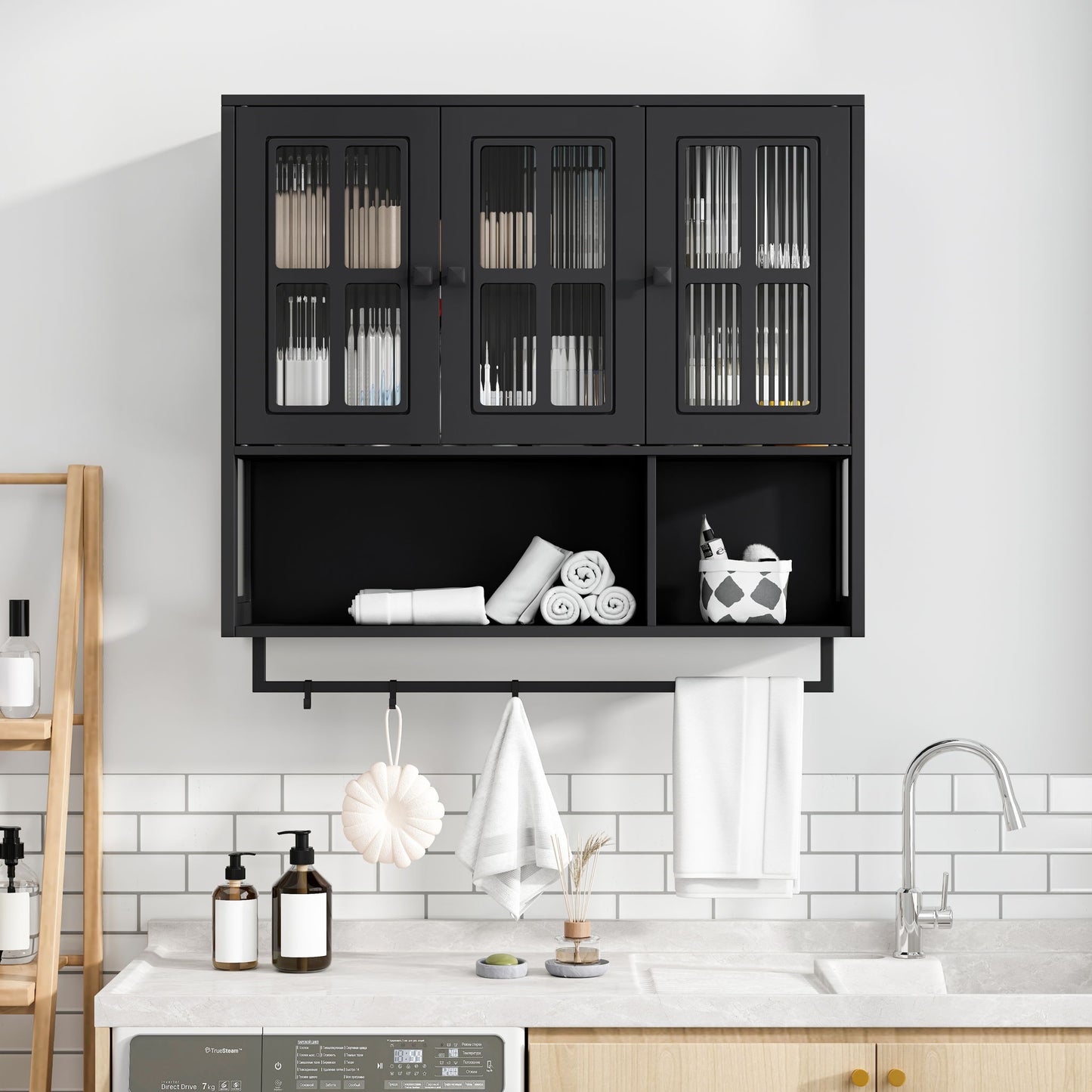 3 Door Wall Cabinet With Glass Door And Towel Bar